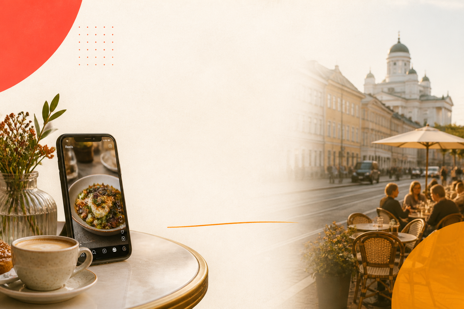 Local café collaboration scene: coffee on a table beside a phone showing a food reel, with a Helsinki terrace in soft afternoon light