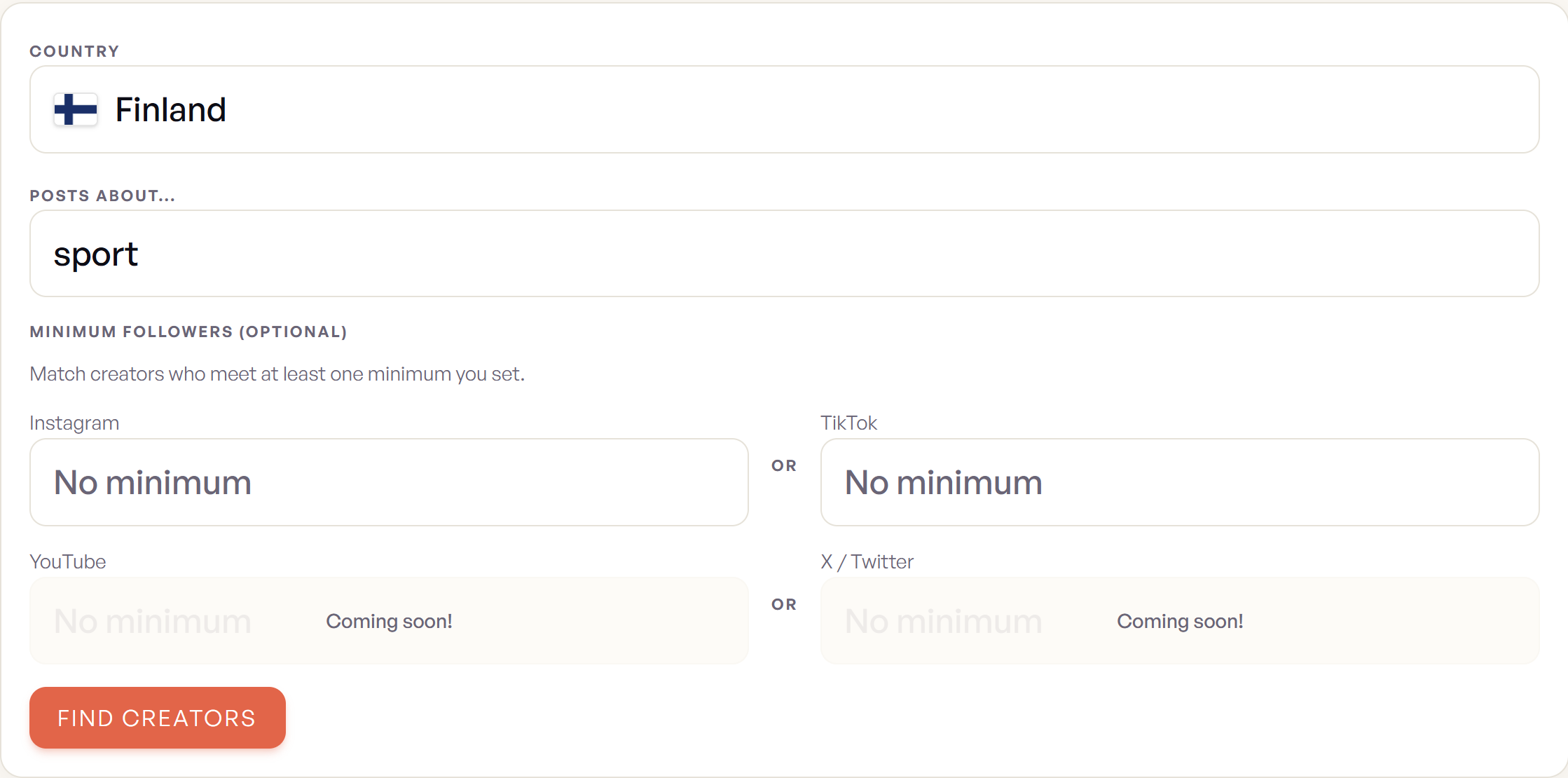 Promobeez creator search form with country, content topic and optional follower filters